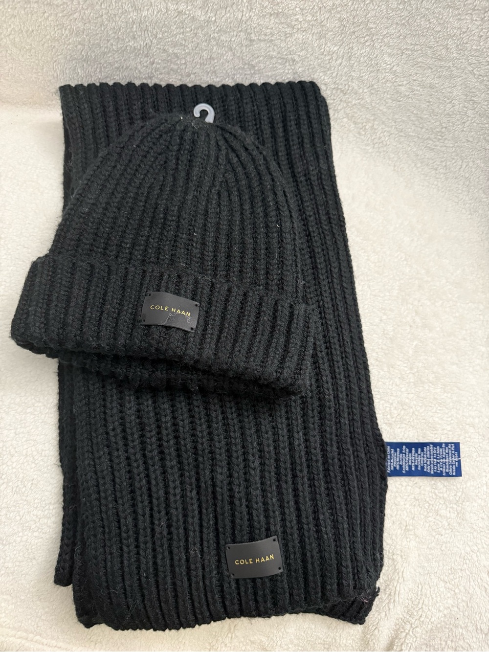 Cole Haan Black Ribbed Knit Beanie and Scarf Set with Logo Tabs